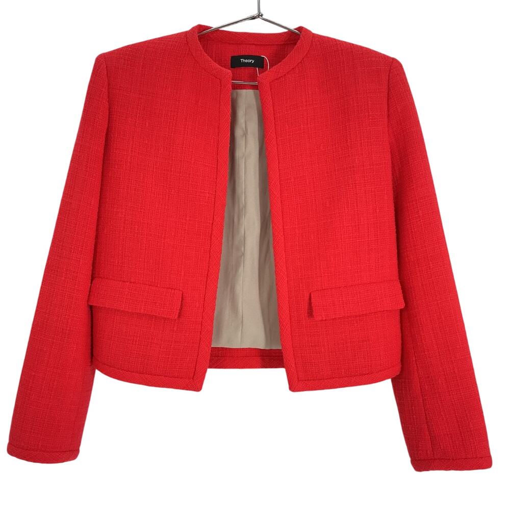Theory Textured Red Open Front Tweed Jacket Size 00 - Picture 2 of 4